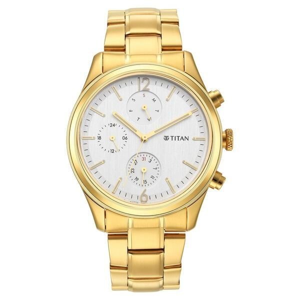 Titan Black and Gold Silver Dial Analog with Day and Date Stainless Steel Strap Watch for Men (NS1805YM01)