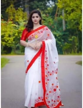 Afsan Print Half Silk Tangail Saree - White and Red color - 12 hat saree - Fashionable and Comfortable wear- Perfect For All Seasons and Occasions
